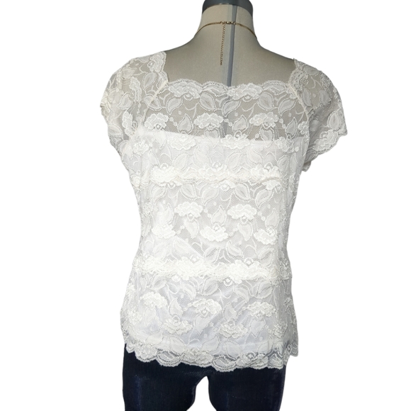 White Clear Beige Lace Short Sleeve Top.  Size M. - Picture 3 of 11